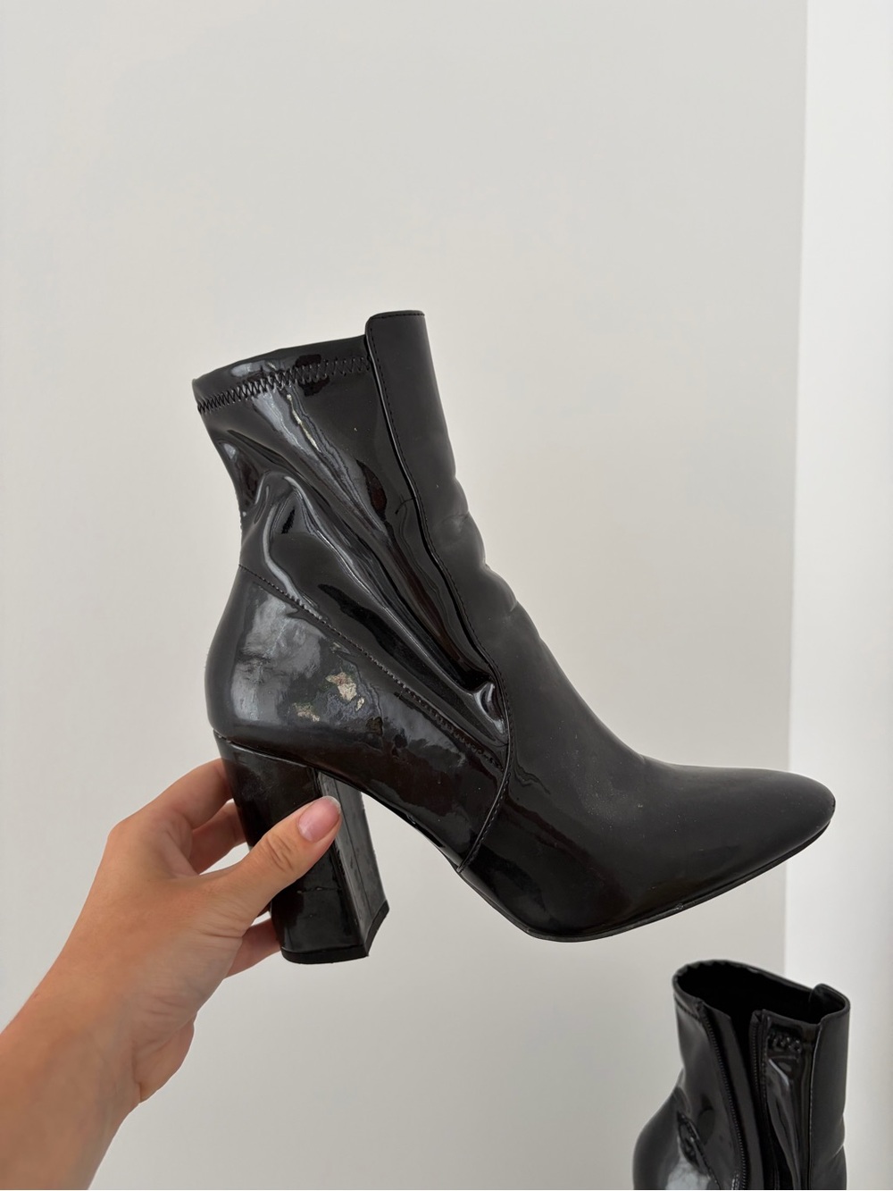 Black Patent Mid-Heel Ankle Boots